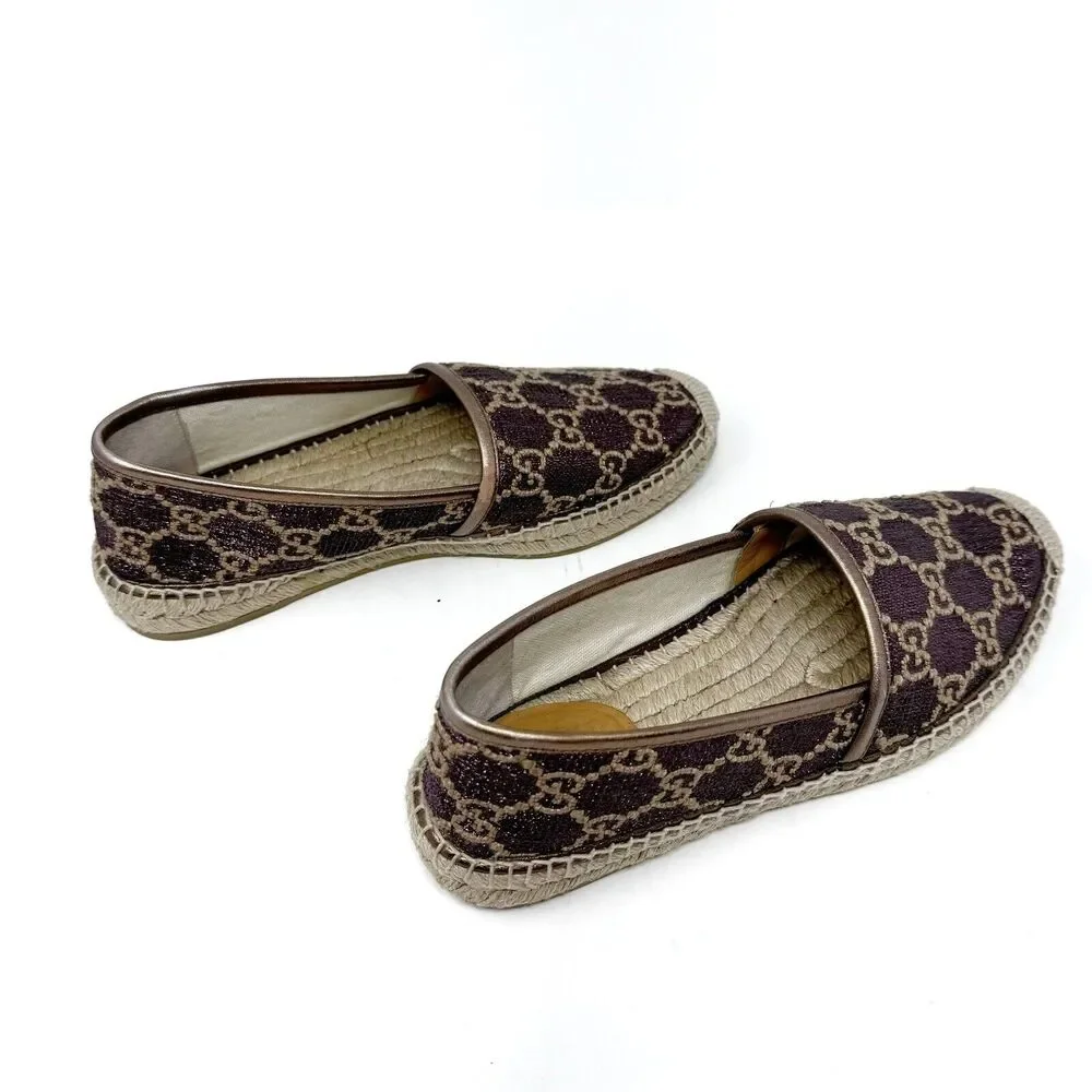 Gucci GG Logo Lurex Lamé Espadrilles Brown Beige Monogram Flats EU 37.5 US 7.5 - Picture 7 of 14